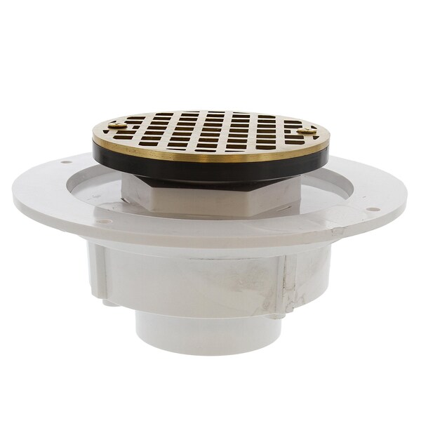Jones Stephens 2in. PVC Shower Drain with 2in. Plastic Spud and 4in. Round Polished Brass Cast Strainer D50708 - main